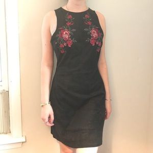 Faux Suede Embroidered sleeveless Fit n Flair Dres